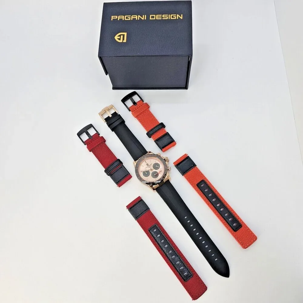 Pagani Design‎ Watch Men's 40MM Gold Dial Black Plastic Red Orange Canvas Bands - Picture 2 of 16